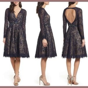 NEW‎ $498 Mac Duggal Open Back Lace A-Line Dress Navy/Nude [SZ 4 ]